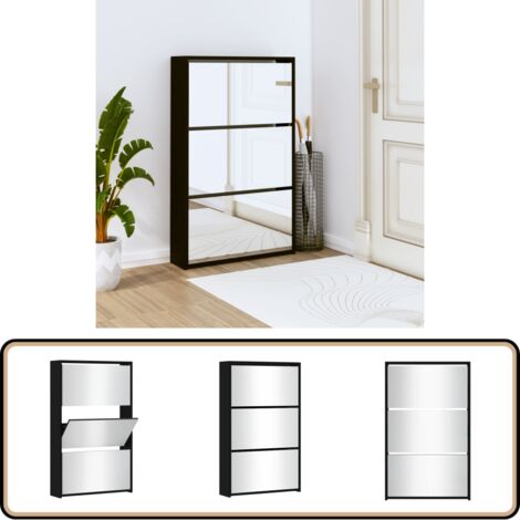 Schuhschrank mit Spiegel 3 Fächer Schwarz 63x17x102,5 cm - Schuhschrank - Schrank - Garderobe - Regal - Aufbewahrung