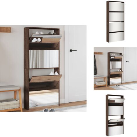 Schuhschrank mit Spiegel 4 Fächer Braun Eiche-Optik 63x17x134cm - Schuhschrank - Schuhregal - Holzwerkstoffmöbel - Garderobe - Einbauschrank
