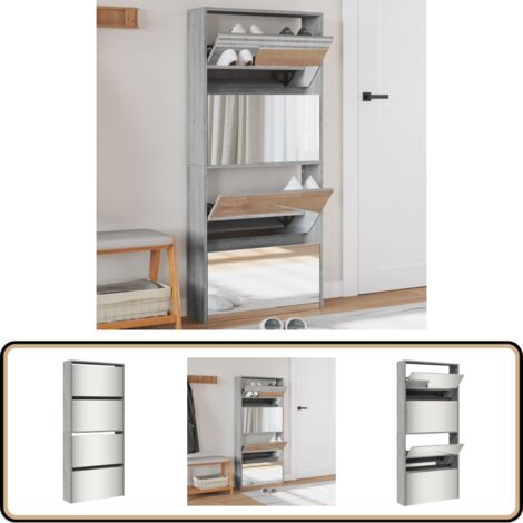 Schuhschrank mit Spiegel 4 Fächer Grau Sonoma 63x17x134 cm - Schuhschrank - Schuhregal - Garderobe - Einbauschrank - Aufbewahrungsbox