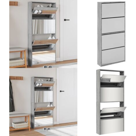 Schuhschrank mit Spiegel 4 Fächer Grau Sonoma 63x17x134 cm - Schuhschrank - Schuhregal - Garderobe - Einbauschrank - Aufbewahrungsbox - Home & Living