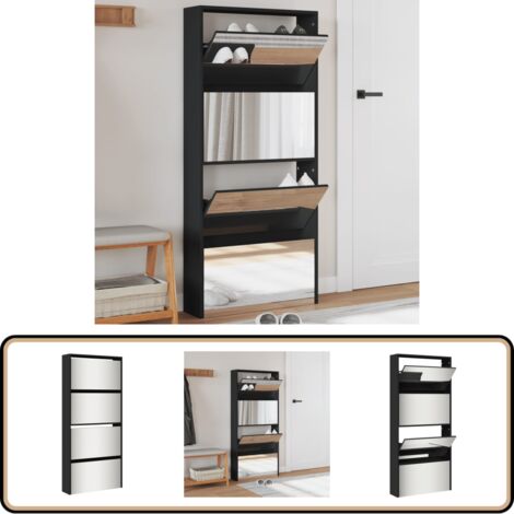 Schuhschrank mit Spiegel 4 Fächer Schwarz 63x17x134 cm - Schuhschrank - Schrank - Garderobe - Einbauschrank - Schuhregal