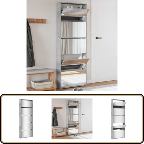 Schuhschrank mit Spiegel 5 Fächer Betongrau 63x17x169,5 cm - Schuhschrank - Schuhregal - Beton Grau - Garderobe - Einbauschrank