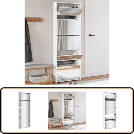 Schuhschrank mit Spiegel 5 Fächer Hochglanz-Weiß 63x17x169,5 cm - Schuhschrank - Holzwerkstoffmöbel - Weißer Schrank - Garderobe - Schuhregal