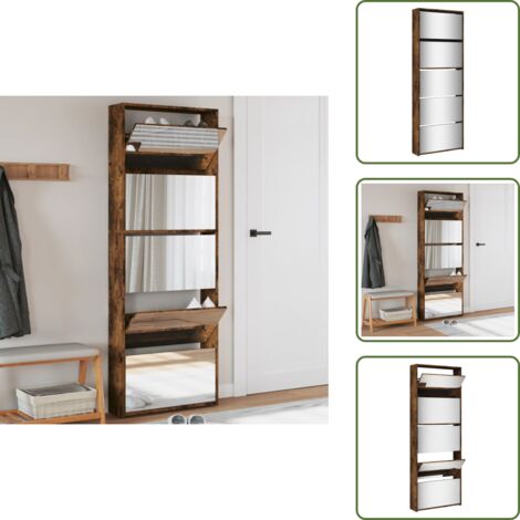 Schuhschrank mit Spiegel 5 Fächer Räuchereiche 63x17x169,5 cm - Schuhschrank - Schrank - Regal - Schuhregal - Aufbewahrung