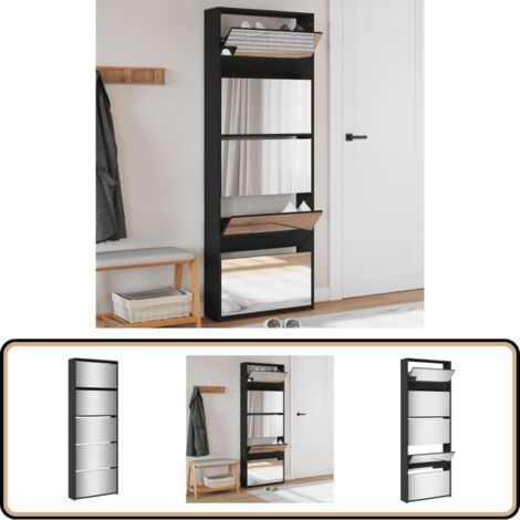 Schuhschrank mit Spiegel 5 Fächer Schwarz 63x17x169,5 cm - Schuhschrank - Schrank - Garderobe - Aufbewahrung - Schuhregal