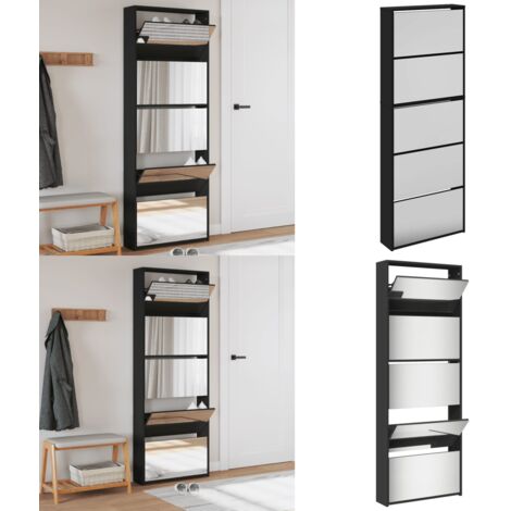 Schuhschrank mit Spiegel 5 Fächer Schwarz 63x17x169,5 cm - Schuhschrank - Schrank - Garderobe - Aufbewahrung - Schuhregal - Home & Living