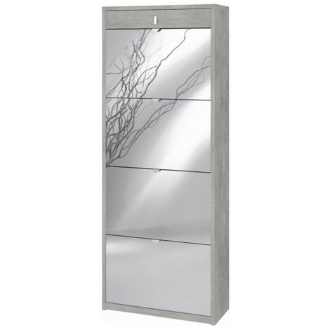 Schuhschrank mit vier Spiegeltüren und einer oberen Schublade Beton Cemento 63x29x H164 cm