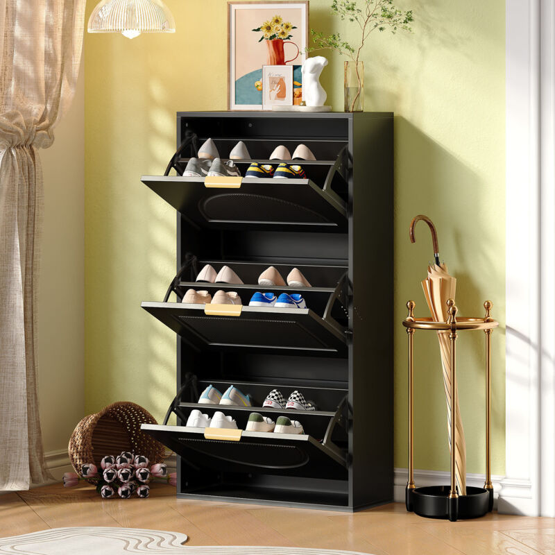 Stilvora Schuhschrank Schmal Mit 3 Klappen, Schuhkipper Platzsparend, Modernes Design, Aus Mdf Und Spanplatte, 60×24×114 Cm, Schwarz