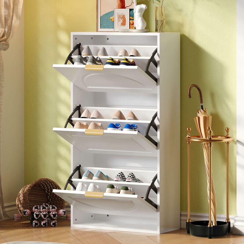 Stilvora Schuhschrank Schmal Mit 3 Klappen, Verstellbare Einlegeböden Und Kippsicherung, Modern, Aus Mdf, 60×24×114 Cm, Weiß