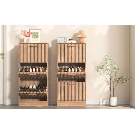 Schuhschrank, Schuhschrank mit Lamellentüren, Schuhorganizer aus hellem Holz mit Ablage, natürlicher und moderner Stil