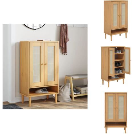 Schuhschrank SENJA Rattan-Optik Braun 59,5x35x107cm Kiefernholz - Holz Schrank - Schuhschrank - Garderobe - Einbauschrank - Wohnzimmermöbel