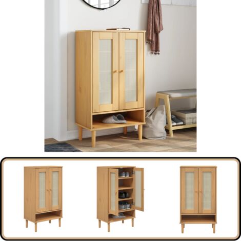 Schuhschrank SENJA Rattan-Optik Braun 59,5x35x107cm Kiefernholz - Holz Schrank - Schuhschrank - Garderobe - Einbauschrank - Wohnzimmermöbel