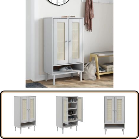 Schuhschrank SENJA Rattan-Optik Weiß 59,5x35x107cm Kiefernholz - Holz Schrank - Schuhschrank - Garderobe - Einbauschrank - Wohnzimmermöbel