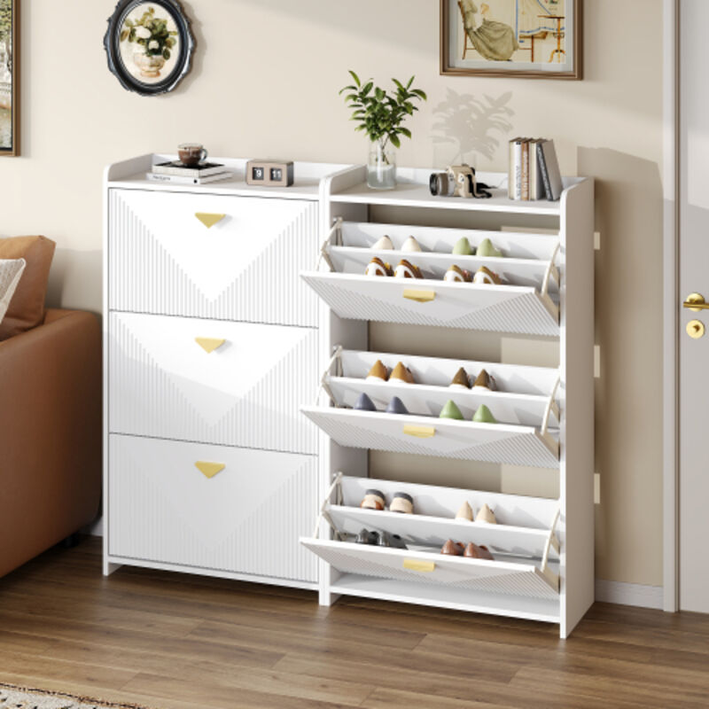Okwish Set Aus 2 Schuhschränken Mit 6 Klapptüren, Vakuumformdesign, Verstellbare Gehäusebreite, Weiß, Aus Mdf-platte, 140x30x120 Cm