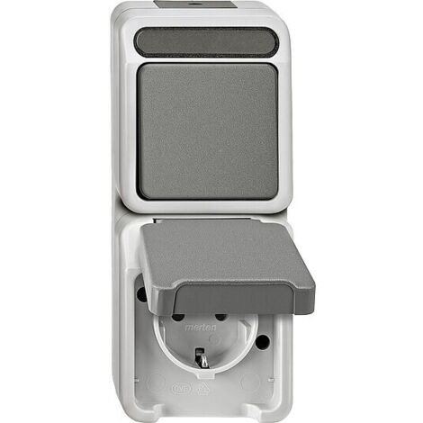 Schuko-Steckdose/Wechselschalter Aquastar Merten, lichtgrau, IP44 - 167 x 73 x 57 mm