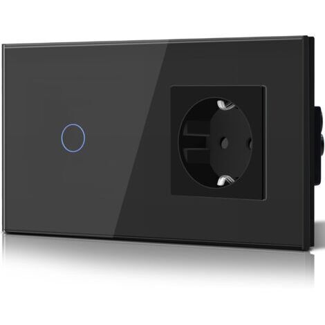 Schuko Switch, Glass, Recessed 16 A, Safe Socket, CEE, 1 Compartment, 1 Way, Touch, Touch Switch, Wall Light, Black