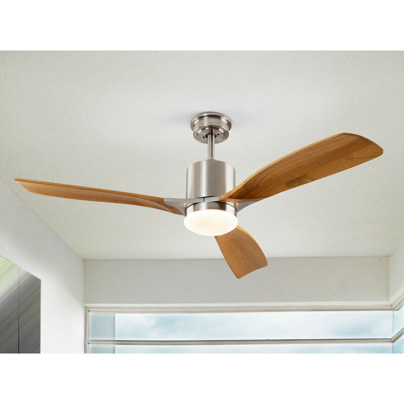 Image of Schuller Anemos Ventilatore da soffitto in nichel satinato ultra silenzioso a 6 velocità con pale in legno con luce a LED, telecomando, timer e