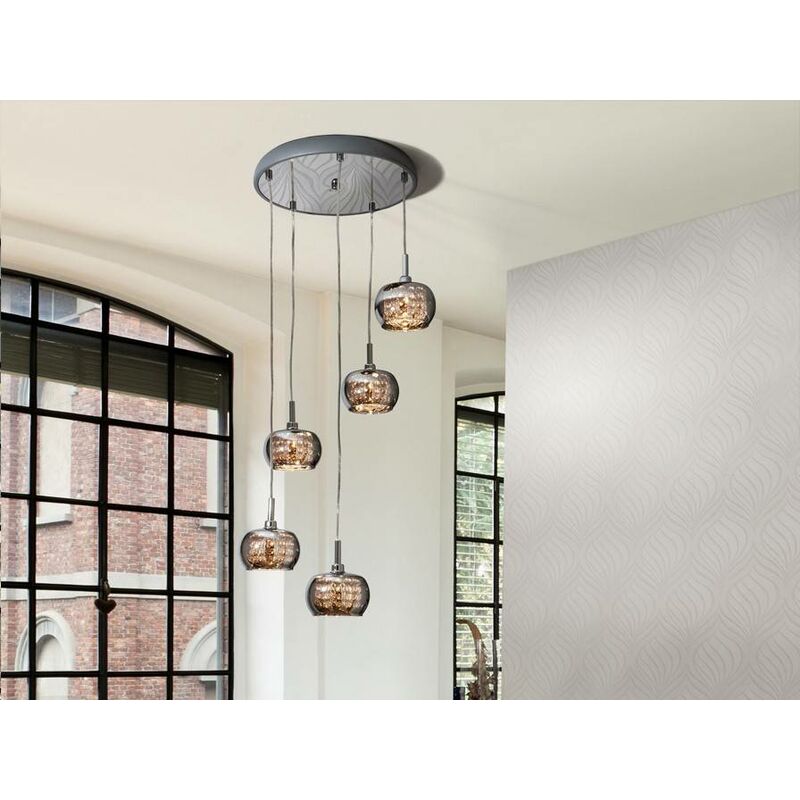 Image of Schuller Lighting - Schuller Ari - Sospensione a grappolo da soffitto in cristallo a spirale a 5 luci, cromata, G9