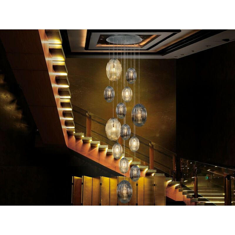 Image of Schuller Lighting - Schuller Ovila Moderna lampada a sospensione led a grappolo dimmerabile a 13 luci, tonalità fumo ovale e brandy con telecomando