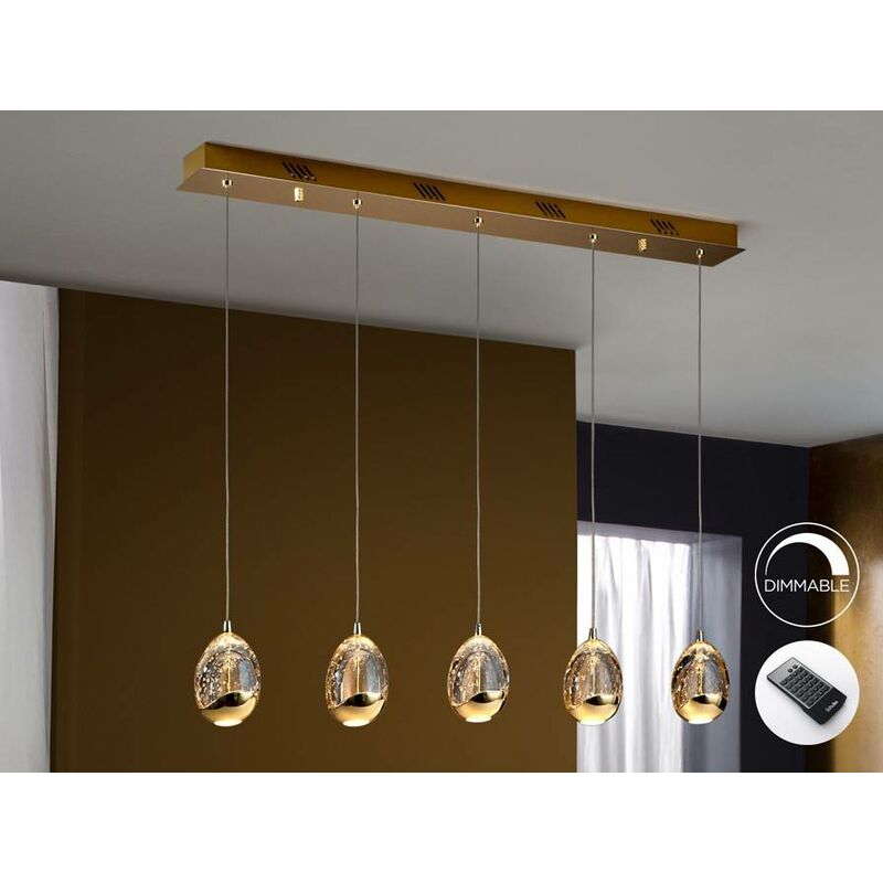 Schuller Roc - Integrated led 5 Light Dimmable Crystal Drop Bar Ceiling Pendant with Remote Control Gold