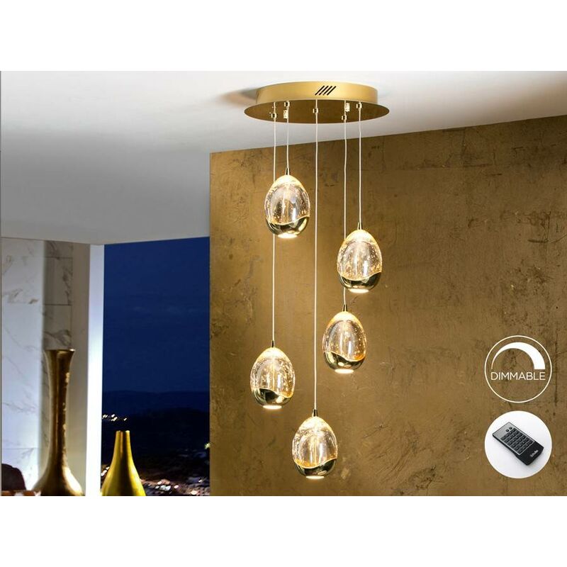 Image of Schuller Lighting - Schuller Roc - Pendente a soffitto a goccia a grappolo in cristallo dimmerabile con 5 luci a led integrato con telecomando color