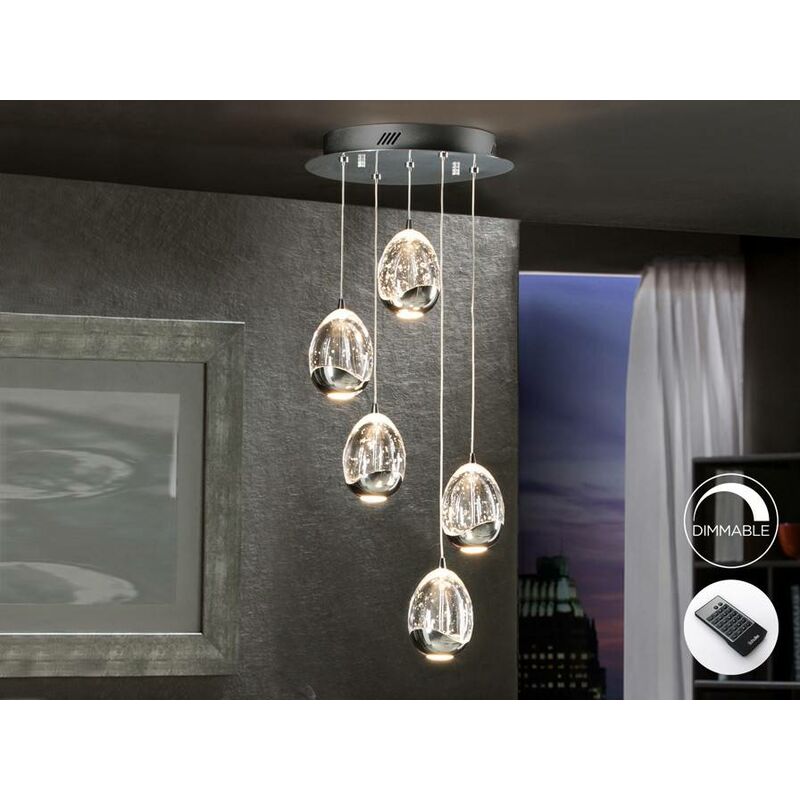 Image of Schuller Lighting - Schuller Roc - Sospensione a soffitto a goccia a grappolo in cristallo dimmerabile a 5 luci a led integrata con telecomando