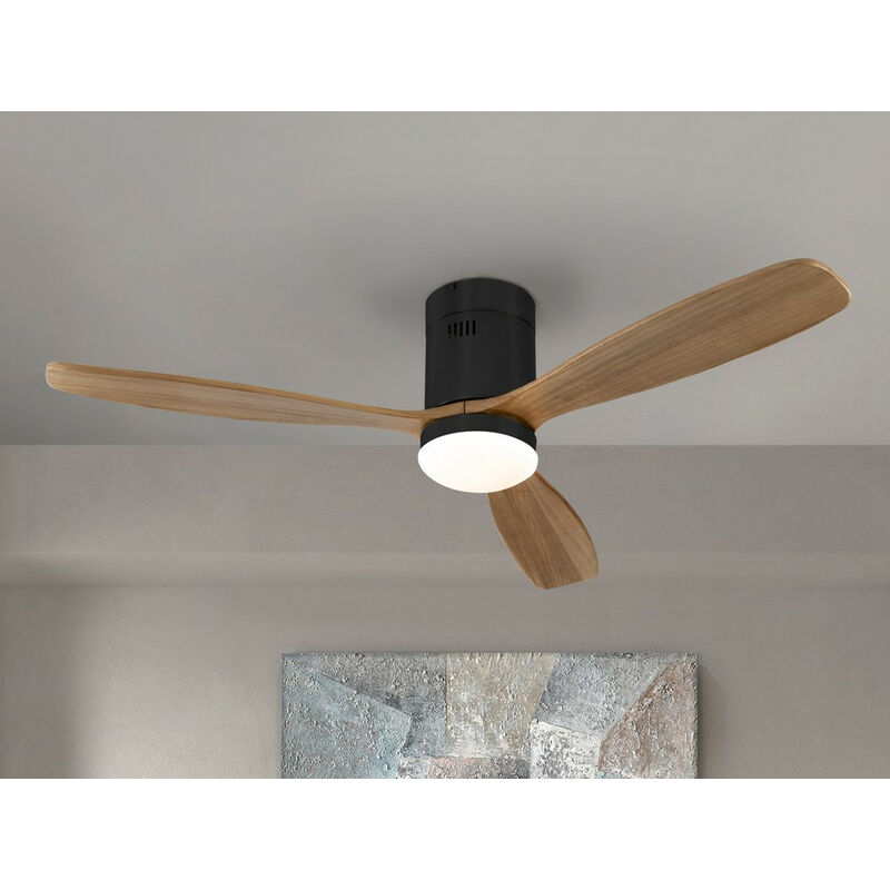 Image of Schuller Siroco Ventilatore da soffitto ultra silenzioso a 6 velocità nero opaco, pale in legno di noce con luce led, telecomando, timer e funzioni