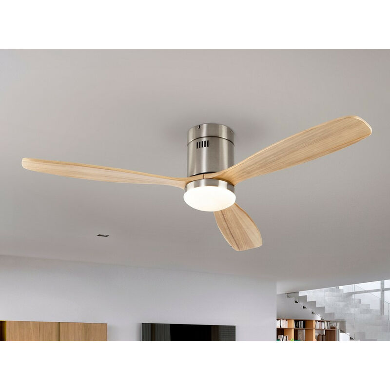Image of Schuller Siroco Ventilatore da soffitto ultra silenzioso a 6 velocità nichel satinato, pale in legno con luce LED, telecomando, timer e funzioni