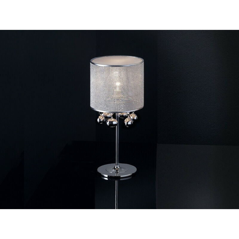 Schuller Andromeda Chrome Table Lamp, Cylindrical Vinyl Mesh Shade, Crystal Chains