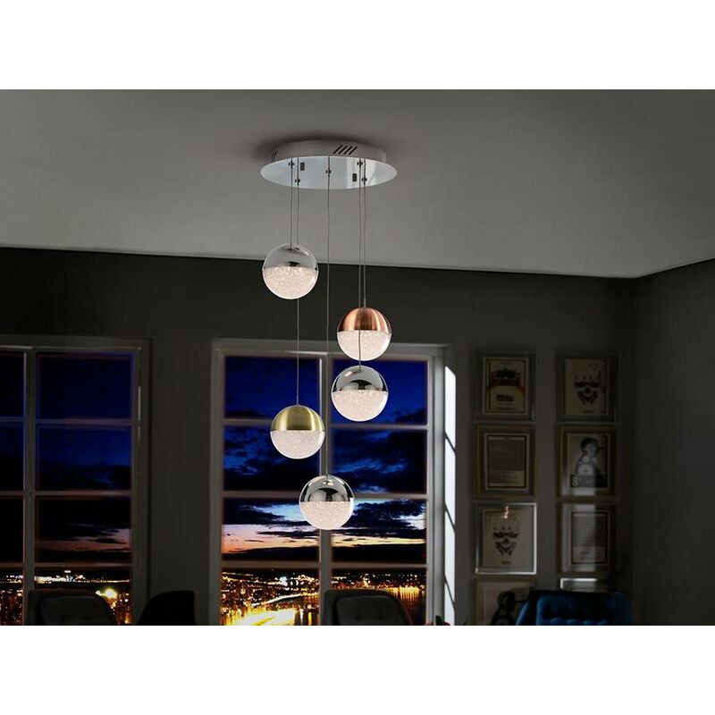 Image of Schuller Lighting - Schuller Sphere - Sospensione a soffitto a goccia a grappolo dimmerabile a led integrato con telecomando Cromo, ottone, rame