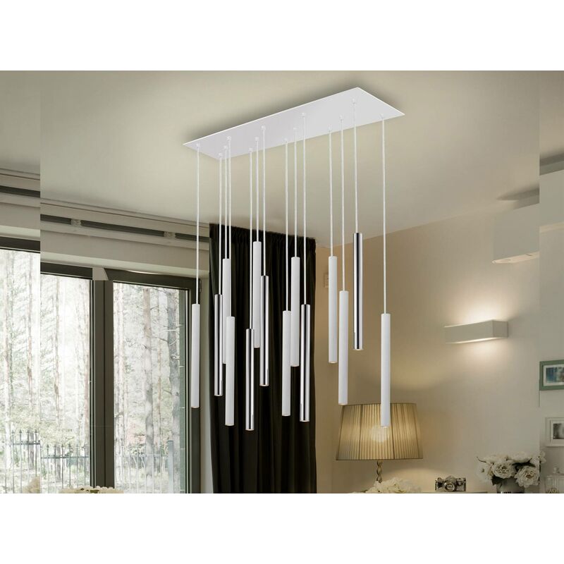 Image of Schuller Lighting - Schuller Varas - Sospensione a soffitto a led integrato con 14 luci a grappolo, bianco opaco, cromato