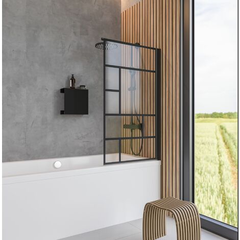 Schulte Badewannenaufsatz 1-teilig schwenkbar - Breite: 80 cm, Höhe: 140 cm, Profil: Matt Schwarz, Glas: 5 mm Sicherheitsglas Dekor Atelier 1, ohne fixil-Glasbeschichtung