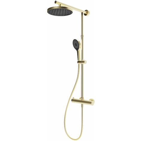 Schulte Duschsystem Duschmaster Rain mit Sicherheits-Thermostat, Kopfbrause rund extra-flach, mit Handbrause, Farbe: Goldoptik
