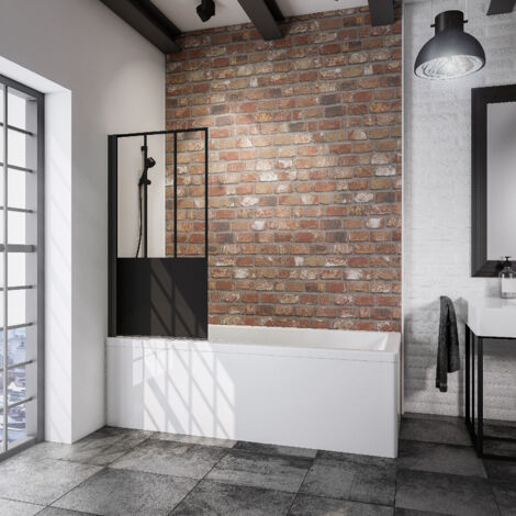 Schulte Duschwand für Badewanne 80x140 cm – 1-teilig schwenkbar, schwarzes Profil, 5 mm Sicherheitsglas mit Dekor Atelier 5 & Fixil-Beschichtung