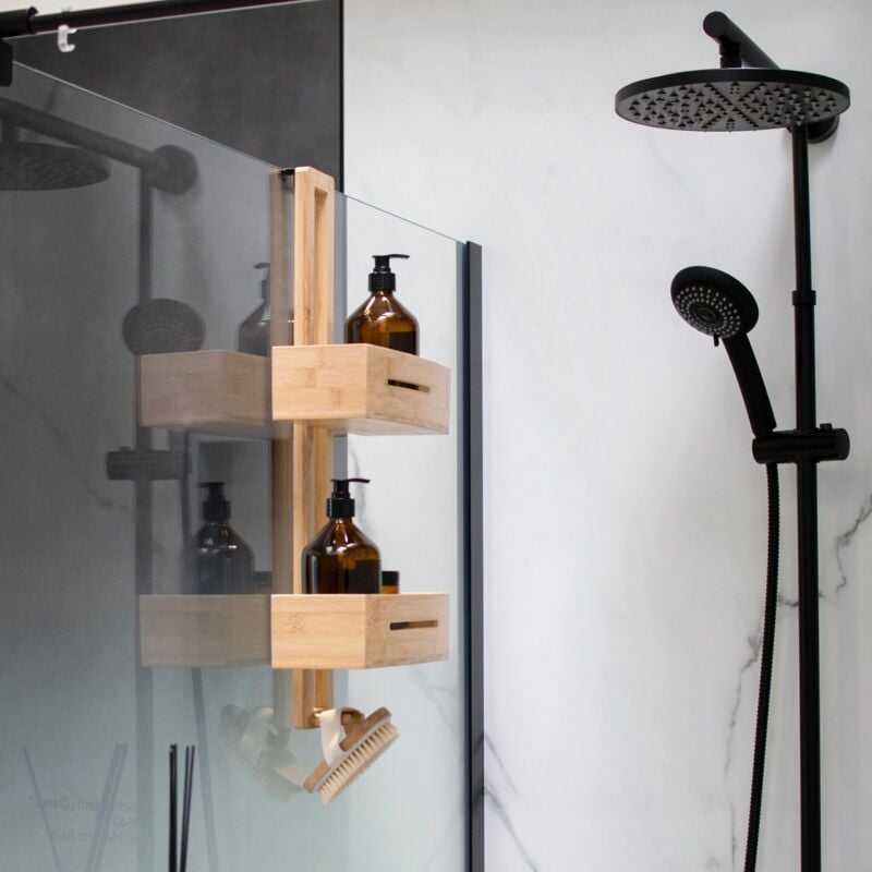 Tagère de salle de bains 60x28x15 cm, 2 paniers ajourés, organisateur de douche à suspendre, rangement de douche, bambou - Schulte