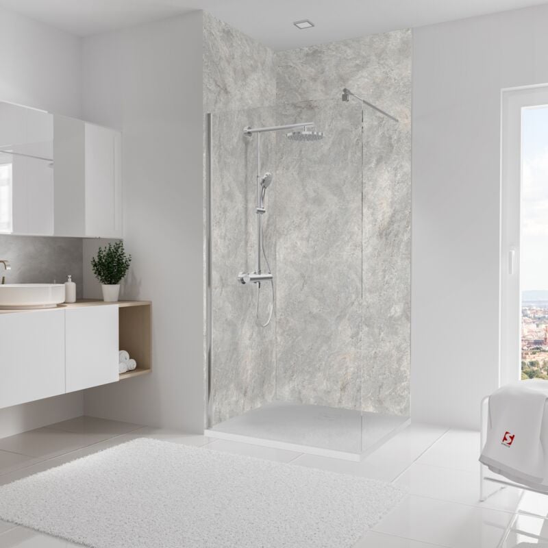Pack de 2 panneaux muraux 100x255 cm, revêtement pour douche et salle de bains, placement facile, DécoDesign décor, pierre gris-argenté - Schulte