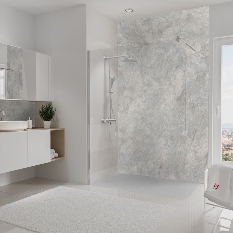 Panneau mural 150x255 cm, revêtement pour douche et salle de bains, placement facile, DécoDesign décor, pierre gris-argenté - Schulte