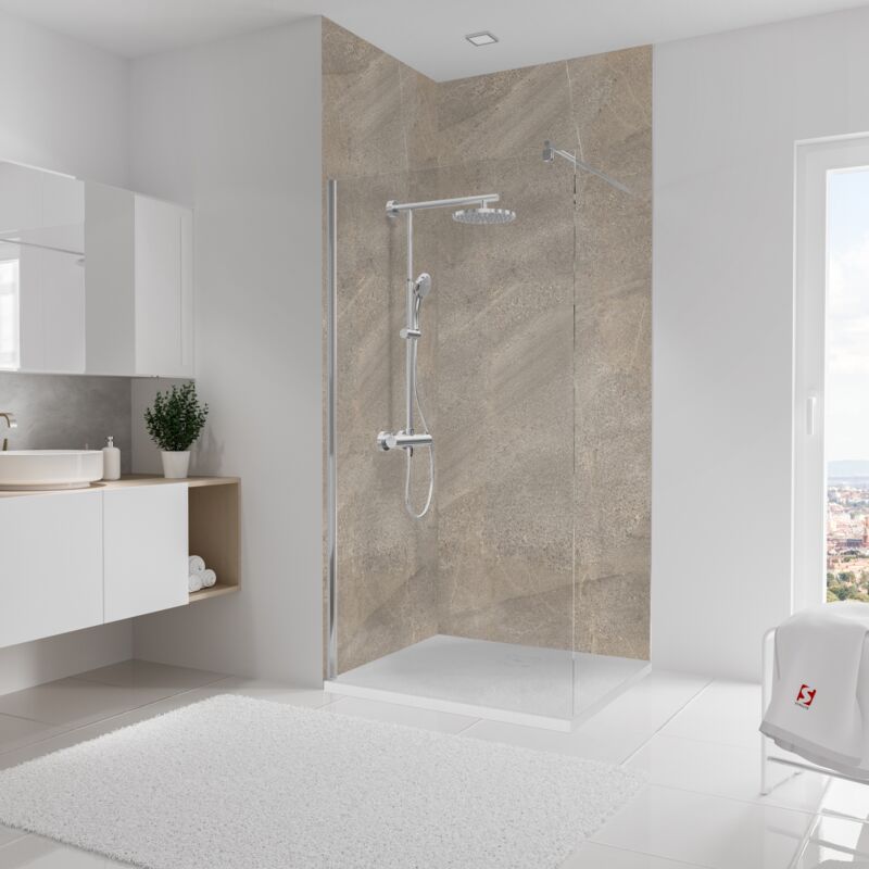 Pack de 2 panneaux muraux 100x255 cm, revêtement pour douche et salle de bains, placement facile, DécoDesign décor, pierre taupe-sablé - Schulte