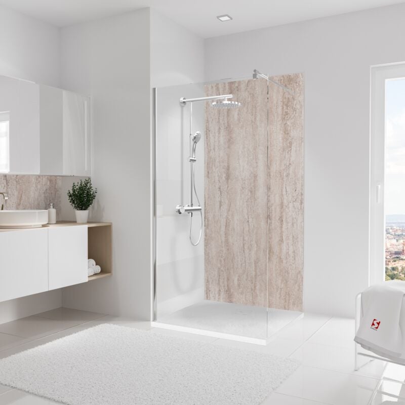 Panneau mural 100x210 cm, revêtement pour douche et salle de bains, placement facile, DécoDesign décor, travertin beige-structuré - Schulte