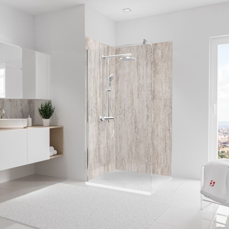 Pack de 2 panneaux muraux 100x210 cm, revêtement pour douche et salle de bains, placement facile, DécoDesign décor, travertin beige-structuré