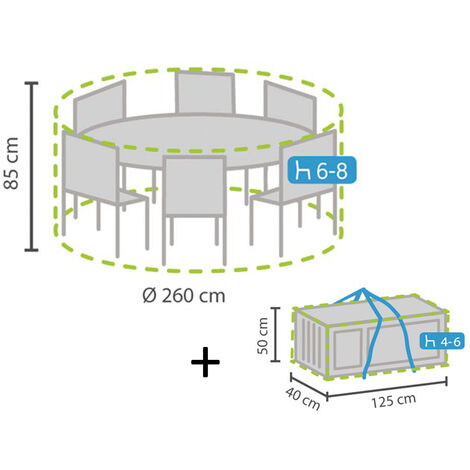 Schutzhüllen Set: Abdeckung rund für Gartenmöbel Ø260 cm + Hülle für 4-6 Kissen