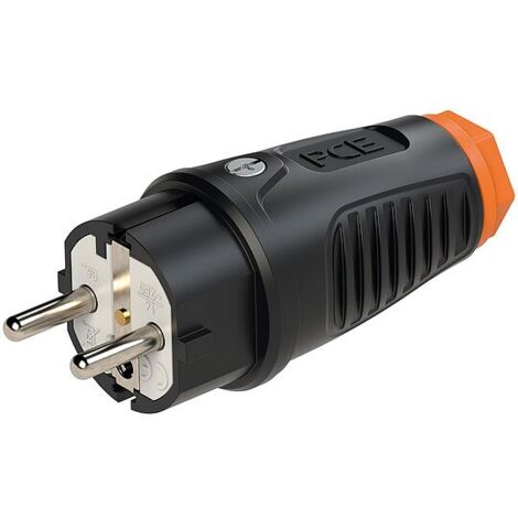 Schutzkontaktstecker Gummi (schwarz/orange) - mit Schutzleiterkontakt