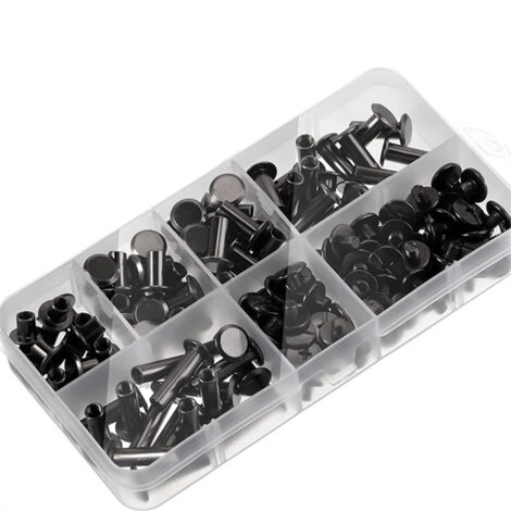 (Schwarz) 1 Set Chicago-Schrauben-Sortiment-Kit 6 Größen Metall-Rundkreuzkopfschrauben Post Chicago-Schraubenknopf für DIY-Lederdekoration Buchbinden
