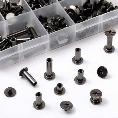 (Schwarz) 1 Set Chicago-Schrauben-Sortiment-Kit 6 Größen Metall-Rundkreuzkopfschrauben Post Chicago-Schraubenknopf für DIY-Lederdekoration Buchbinden