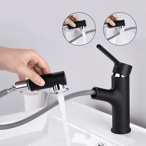 Schwarz Armatur Bad 2 Strahlarten Wasserhahn mit ausziehbarem Brause Mischbatterie Waschbeken Einhebelmischer Waschtischarmatur