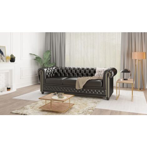 S-STYLE MÖBEL Schwarz Chesterfield Sofa 3-Sitzer Lukas mit Schlaffunktion
