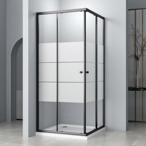 Schwarz Duschkabine 90x90cm Milchglas Eckeinstieg mit Doppel Schiebetüren Duschabtrennung Duschschiebetür 6mm ESG Glas, LINKS & RECHTS MONTIERBAR, Höhe 185cm