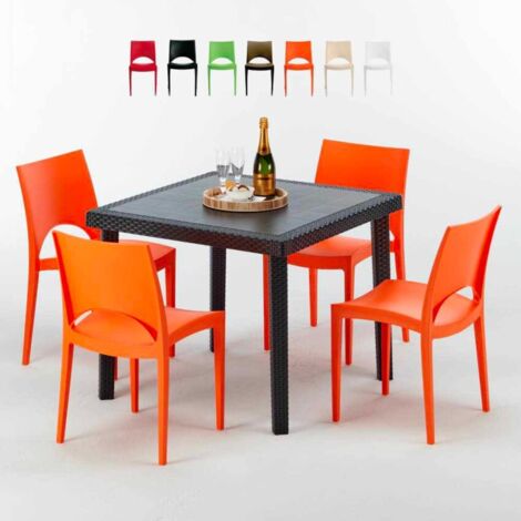 Schwarz Quadratisch Tisch und 4 Stühle Farbiges Polypropylen-Außenmastenset Grand Soleil Paris Passion - Orange