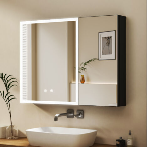 Schwarz Spiegelschrank mit Beleuchtung 80 x 60 cm, Bad-Hängeschränke LED Spiegelschrank Bad mit Beleuchtung Badezimmer Spiegelschrank mit Touch-Schalter, 3 Einstellbare Lichtfarben, Beschlagfrei
