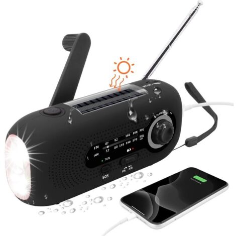 (Schwarz) Tragbares Solarradio, Dynamoradio, Solarradio mit SOS-Alarm für Notfälle, kleines Radio, IPX3 wasserdichtes Radio, Ra
